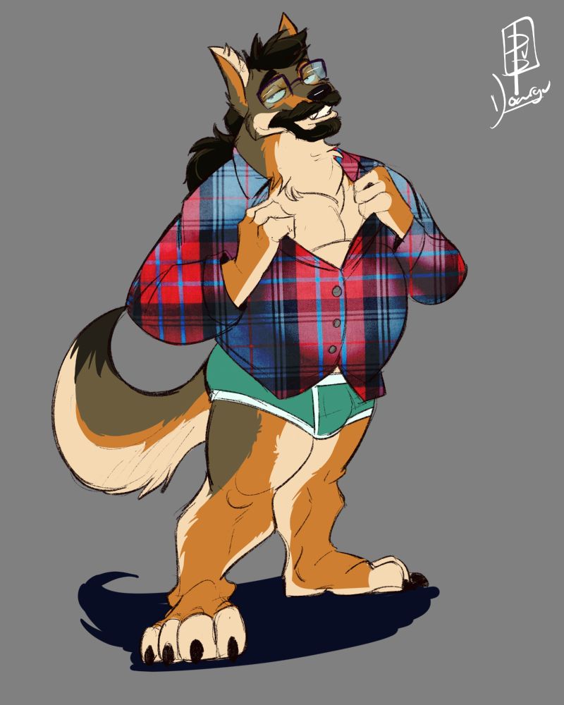 A male coded anthro coyote is standing in a state of disrobe.  He is wearing a plaid flannel unbuttoned past his chest and approaching his midsection.  He is noticeably more well fed than in his usual appearances.  He is also wearing green colored briefs. which cling tightly to this bulky thighs and give a curve to his rump.

He is wearing glasses and giving bedroom eyes.