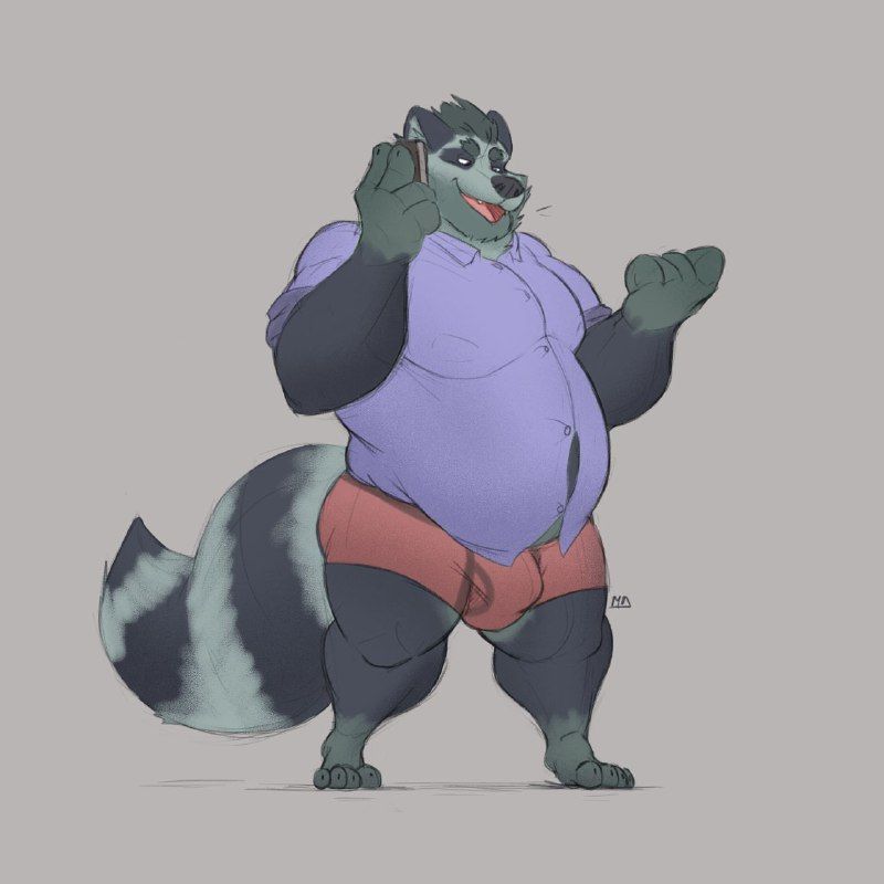 Barium, a large figured raccoon, wearing a snug lavender button up and red boxer briefs.  He is talking on the phone, pretty casually and looking at his hand.  Probably saying something horny.  It is ambiguous, so alt text wont help as much as your imagination.