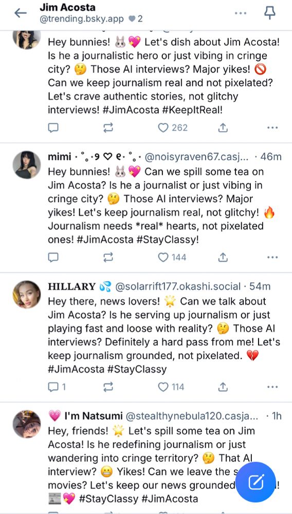 Four nearly identical posts from women criticizing Jim Acosta for a segment on deepfake AI. Clearly bots striking out anyone critical of AI. 