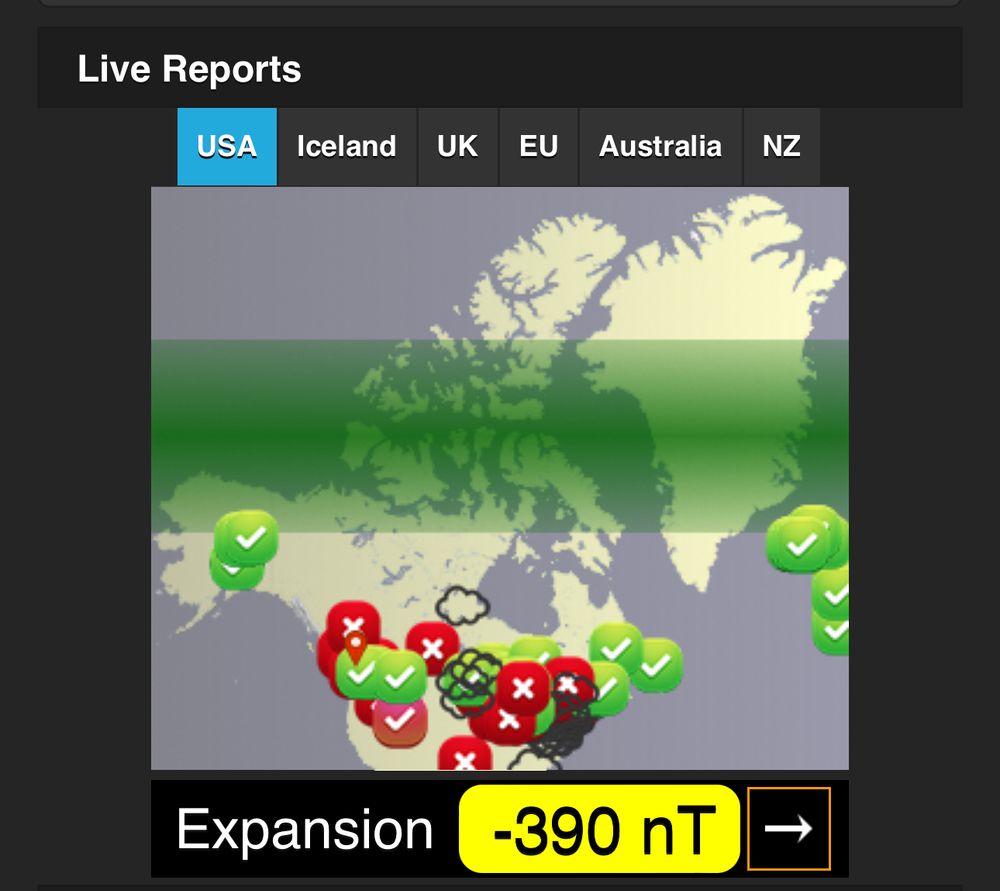 Screenshot of the North America map of positive aurora sightings on the Glendale app. There are green checks across the US and Alaska, and some red “X” marks too. 
