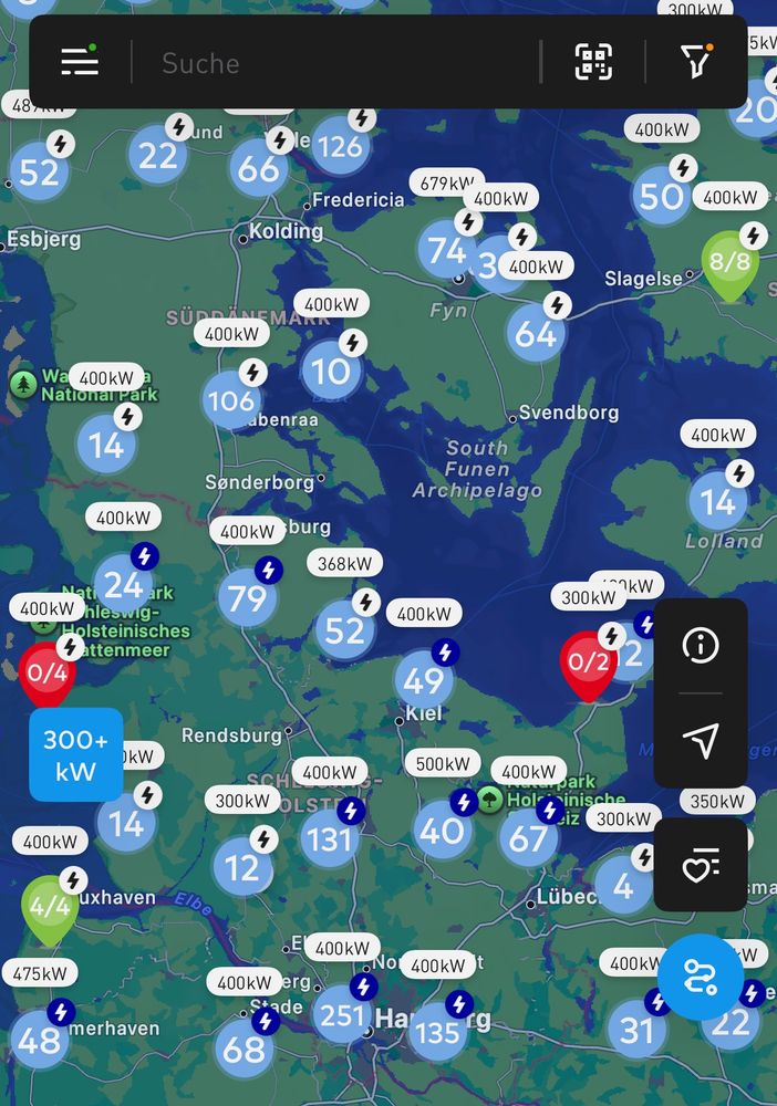EnBW App mit allen Landepunkten in S-H mit 300kW und mehr.