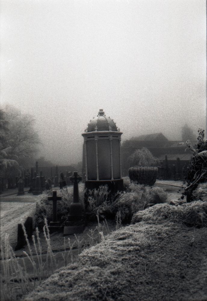 A black and white image of a frosty graveyard in Stirling, Scotland.
