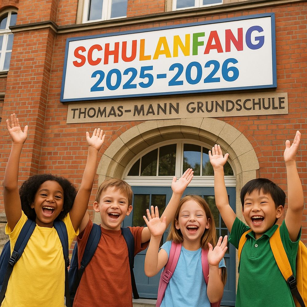 Fröhlicher Kinder stehen vor der Thomas-Mann-Grundschule und jubeln zum Schulanfang des Schuljahres 2025/26. Mit KI erstelltes Bild. 