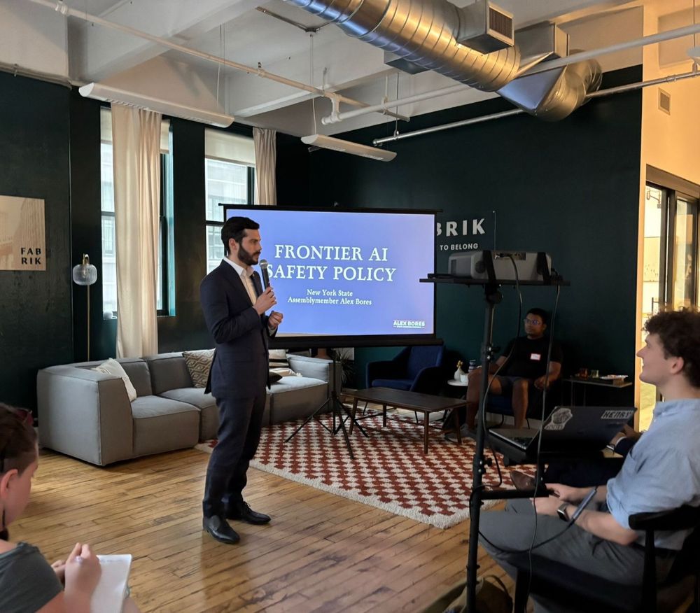 AM Bores Speaking at an AI governance event in New York City, hosted by BlueDot Impact, AI Safety Awareness Project, and NYC AI Safety, addressing the need for responsible AI rules and the RAISE Act.