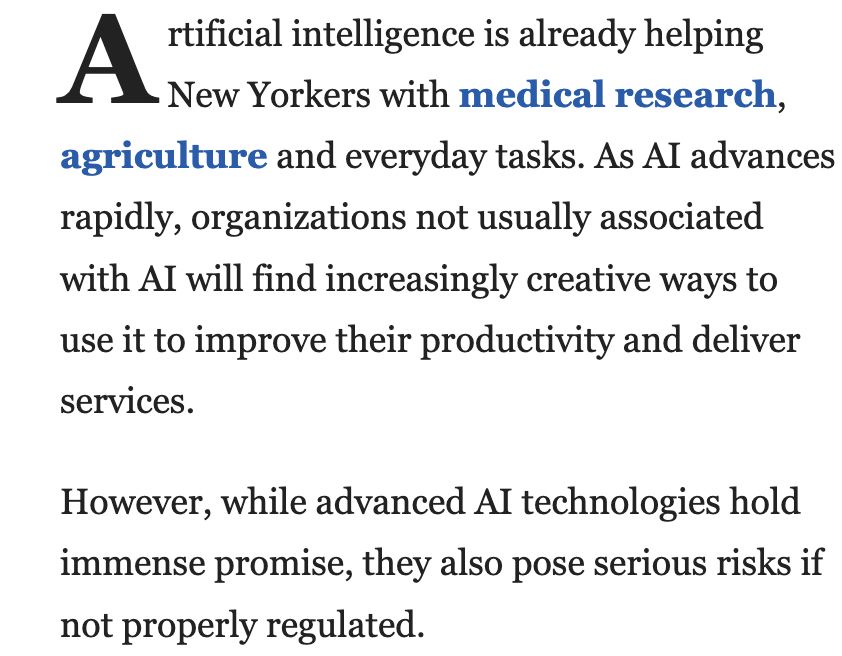 Artificial intelligence is already helping New Yorkers with medical research, agriculture and everyday tasks. As Al advances rapidly, organizations not usually associated with Al will find increasingly creative ways to use it to improve their productivity and deliver services.

However, while advanced Al technologies hold immense promise, they also pose serious risks if not properly regulated.