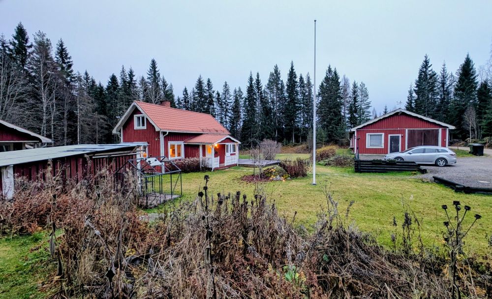 Vy över en röd stuga med gräsmatta, flaggstång uteplats, vedbod och garage, omgiven av tallskog.