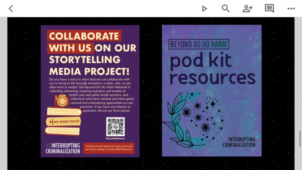 A graphic that invites people to join the Beyond Do No Harm Storytelling Media Project and also create an organizing pod so that they can receive “pod kit resources” with ideas on how to get started
