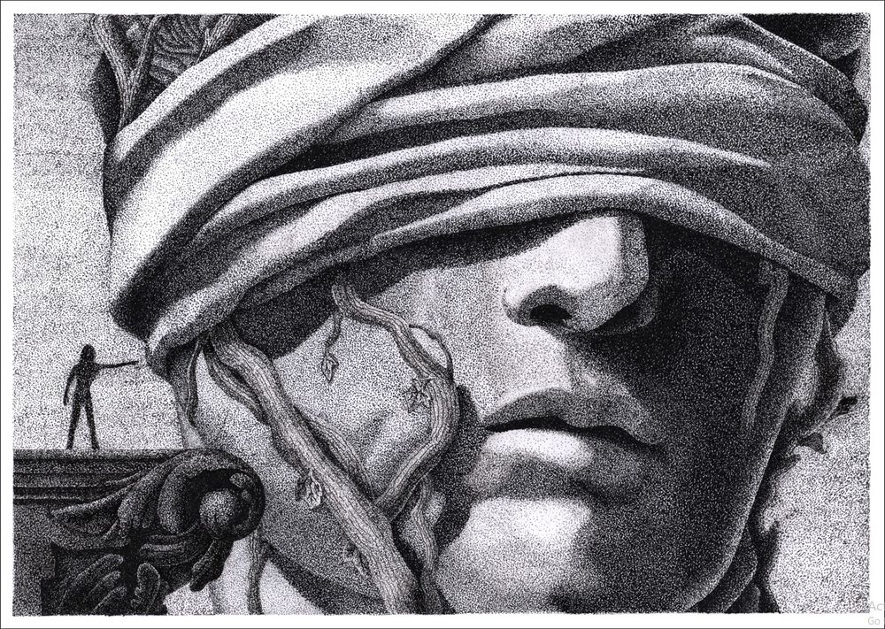Black and white dotwork image of the head of a giant statue. The Statue is blindfolded with vines growing on the sides of the face, in the bottom left is a silhouetted figure atop a column pointing at it.
