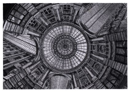 Black and white stippled image looking up at the dome of a Victorian shopping arcade.