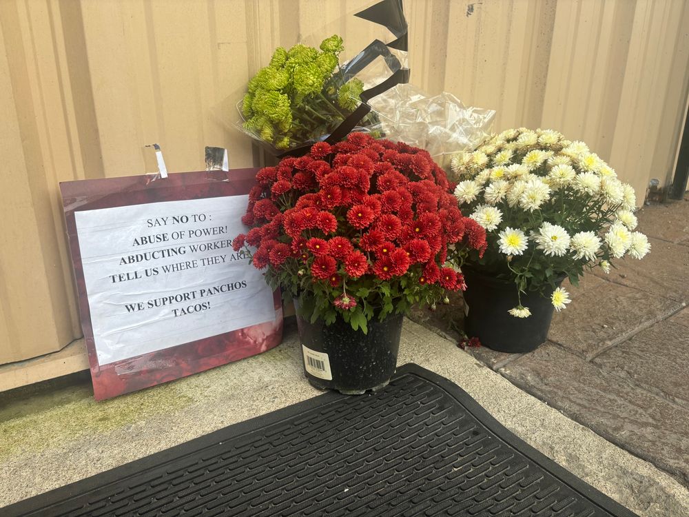 A sign of support for Panchos with three potted flowers 