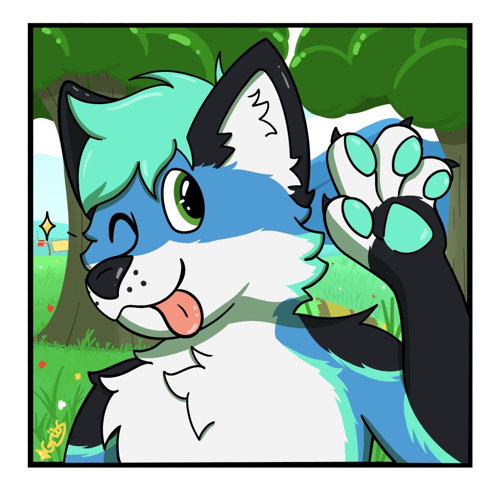 A  character bust of a blue, white and black anthro fox, waving at the camera with a silly expression. The background depicts green fields, distant mountains and a couple trees