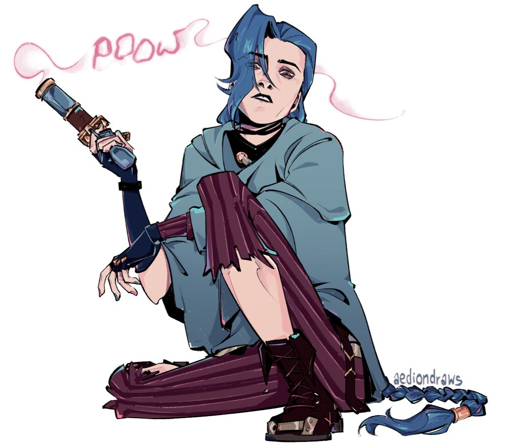 drawing of jinx sitting on the ground, looking at the viewer with her head tilted slightly backwards. she's holding her gun, which is emitting pink smoke that forms the word "poow"