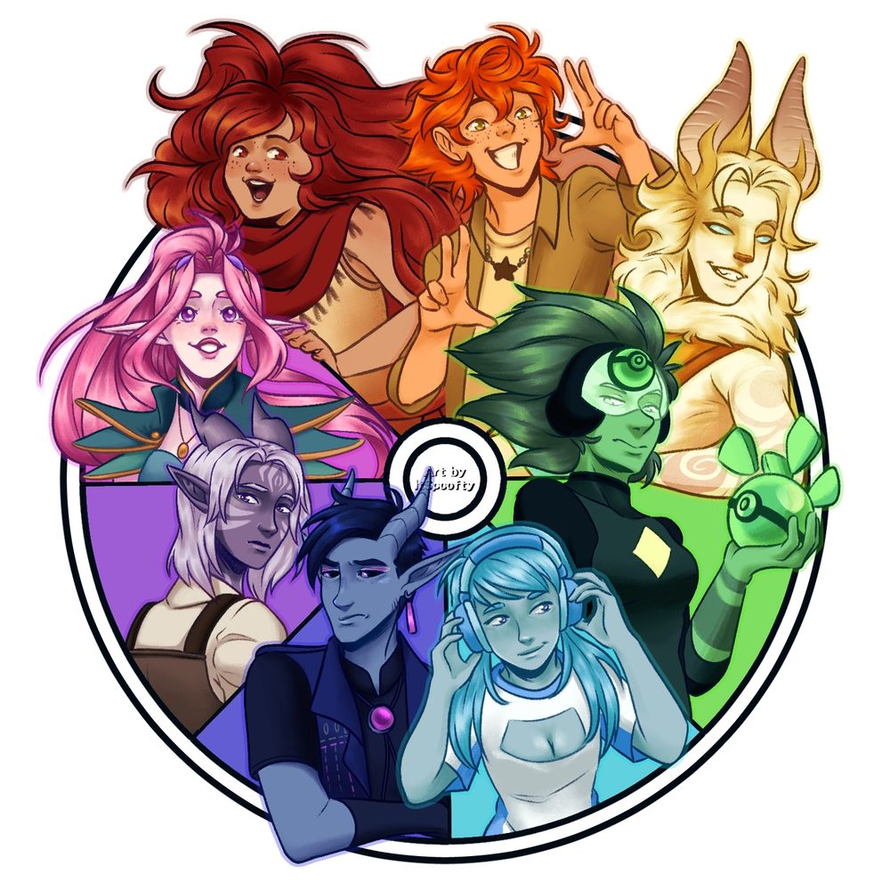 Eight characters in their own wedge corresponding to a primary color of a color wheel (red, orange, yellow, green, cyan, blue, purple, and pink)
