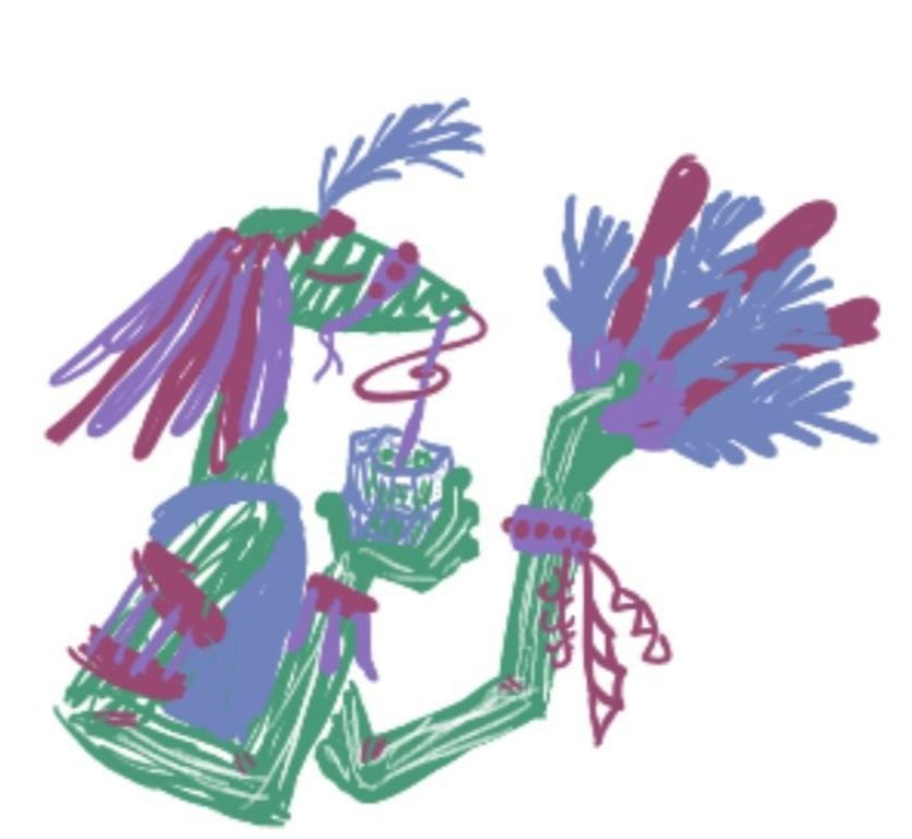 the Bird, unchanged, dressed with holed coins, hooks, leaves and all sorts of miscellaneous shinies, sat under his shed, fanning himself with a bunch of colourful feathers and sucking on a straw slurping snow from a see-through cup 