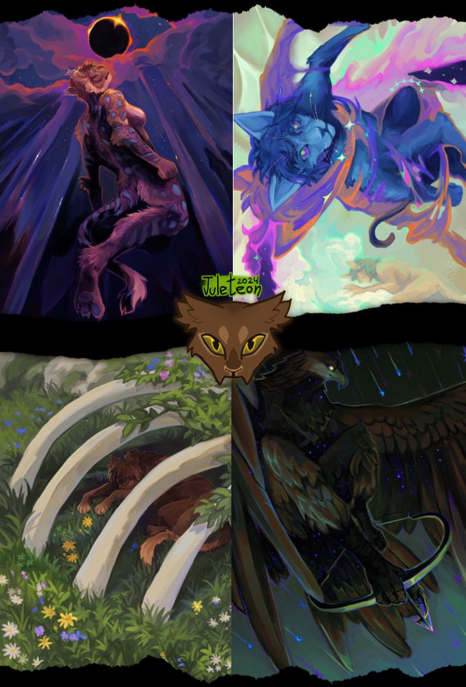 Collage of 4 digital paintings. Top right painting: features an anthropomorphic snow leopard floating up to an eclipsing sun. Top Left painting: Features an anthropomorphic oriental cat whose figure washes over in colorful abstract swirls. Bottom Right painting: Features a feline beast curled up in the shadow of a large rib cage all surrounded in flowering grass. Bottom Left painting: Features a bestial anthropomorphic eagle loading a bow and arrow with it's legs while shooting stars guide it in the background. 