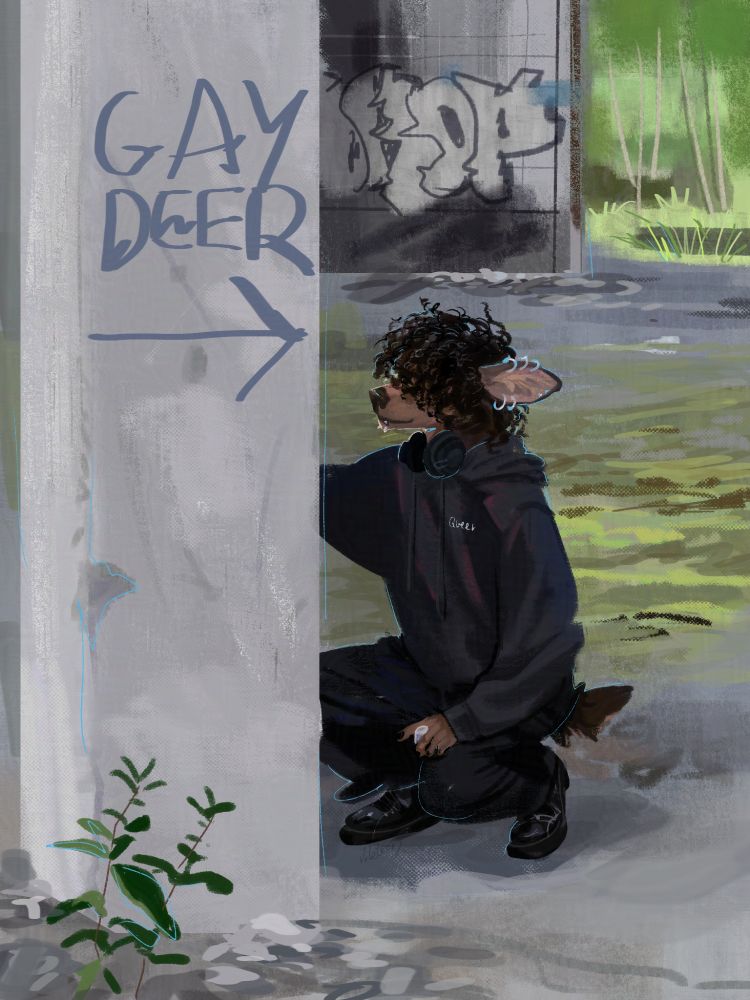 digital painting of a furry deer tagging a concrete block