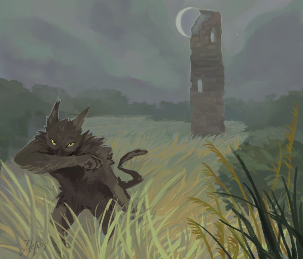 digital artwork of an anthropomorphic gryphon walking through tall grass. The grass is dry and yellow. In the background stands a broken brick tower.