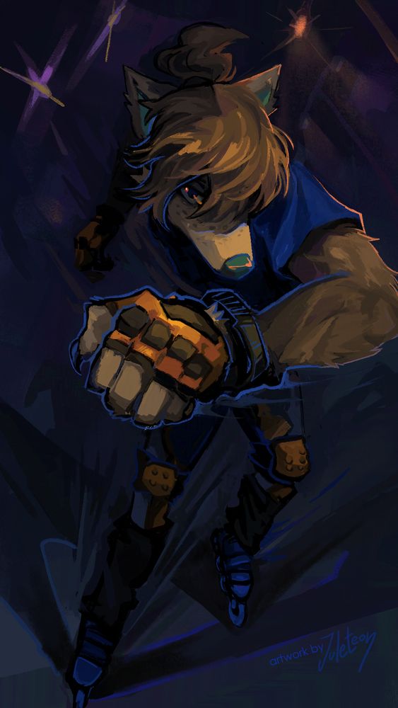 Digital artwork of an anthropomorphic wolf skating on roller blades. He has his hair in a ponytail and is wearing orange safety gear. The background is an abstract depiction of an empty city road at night.