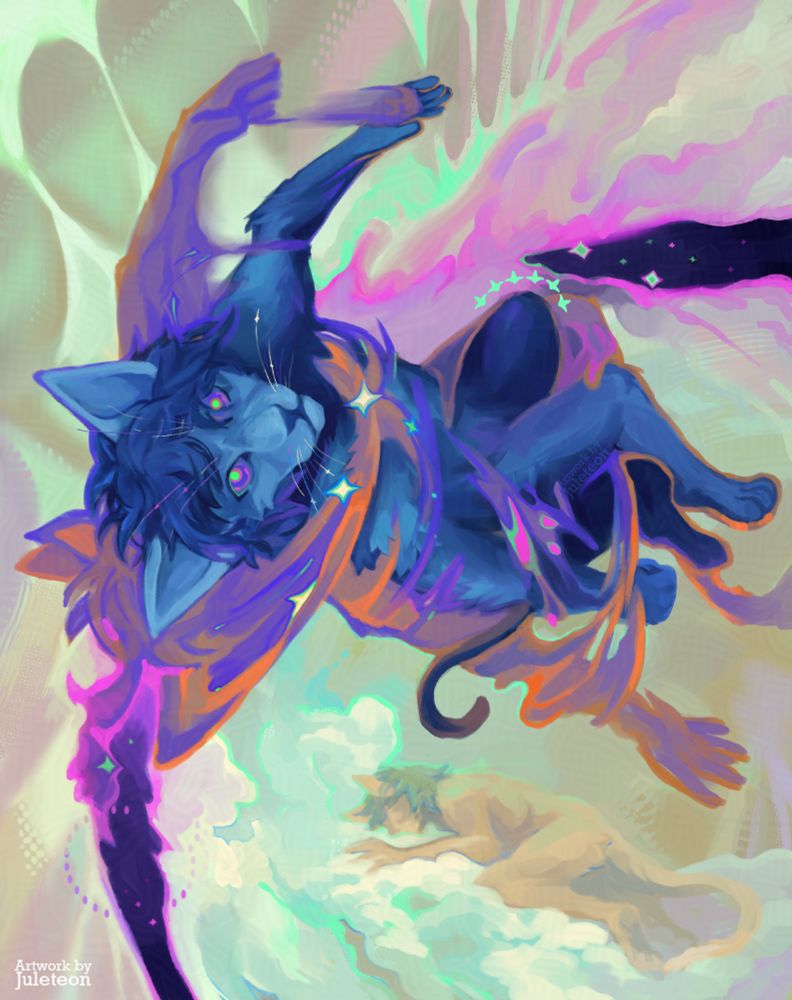 Digital artwork of a feline furry character floating in an abstract colorful space