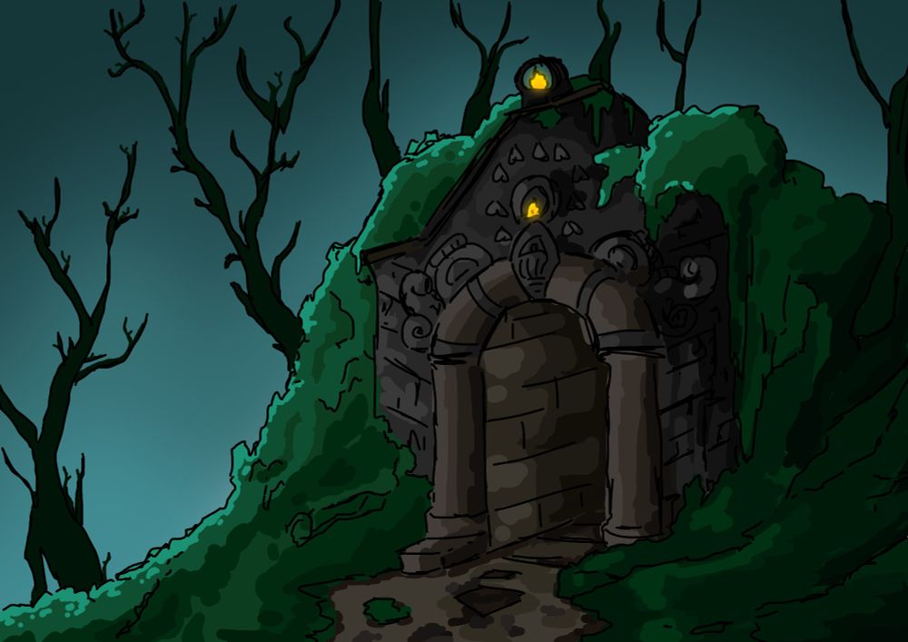 A drawing depicting a ruined building in a forest. The building has two lit lanterns above an archway. It is covered in moss, and there are dead trees in the background.