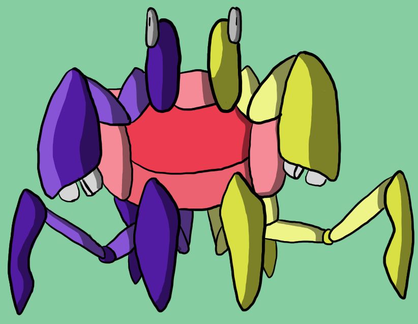 A drawing of an eclectus crab. It has a pink square body, six legs sticking out from underneath, and a pair of large bulky claws. `

Drawn in February 2023, a species designed by myself for a worldbuilding project.