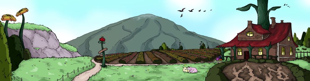 A drawing of a rural farmhouse. It is a brown building with a red roof, built around the stem of a giant flower. There is a field of flowers to the left of the house, and a mountain in the background.

Two cows sit on a grassy field, one yellow and one pink.