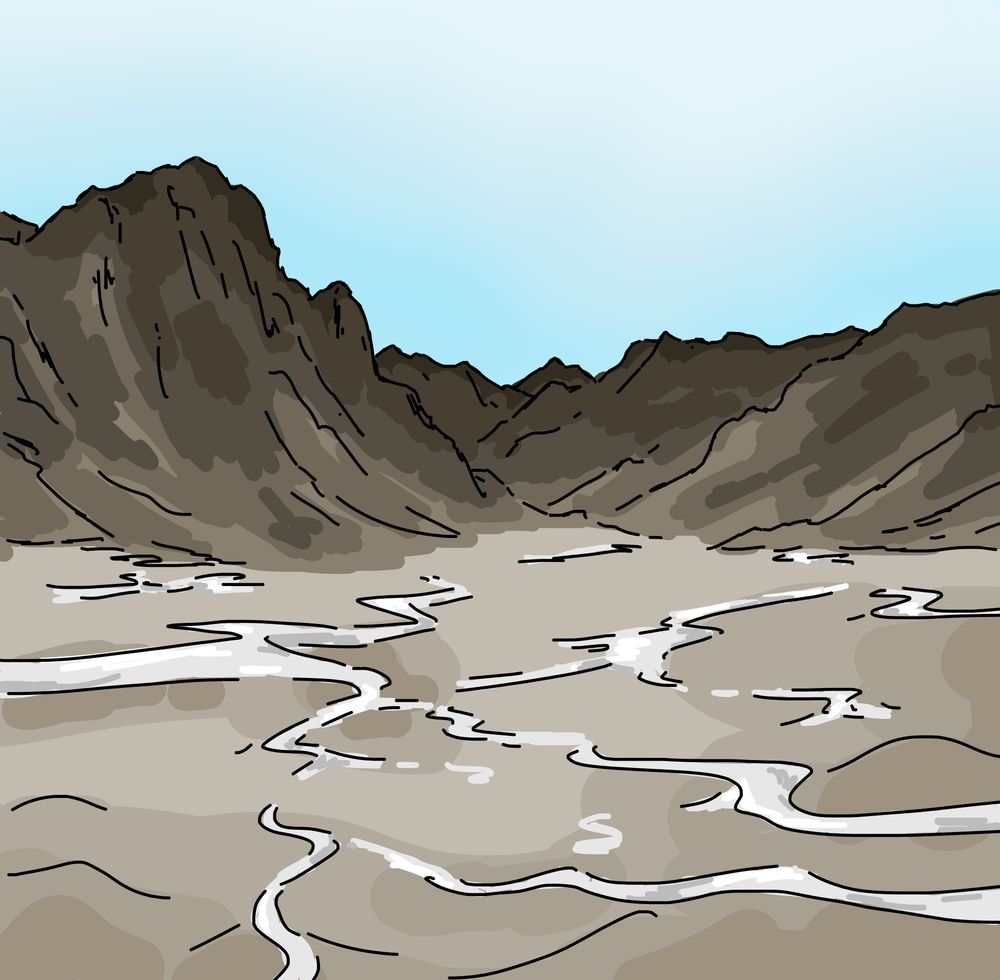 A drawing depicting a grey desert with silver streaks in the sand. There are tall brown mountains in the background, and a clear blue/white sky.