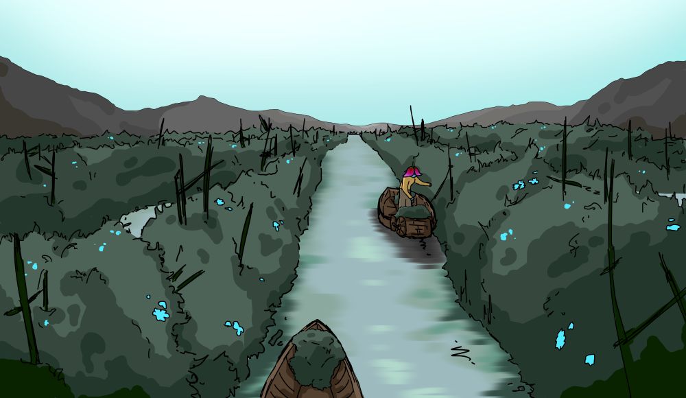 A drawing of two boats drifting between bushes on a lake. There are bright blue flowers growing in these rows of dark green bushes. There are mountains in the background, and a clear blue sky.
