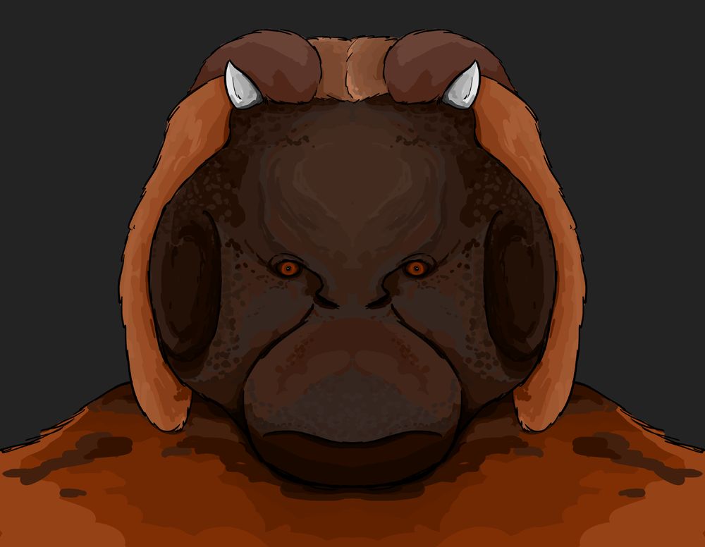 A portrait drawing of the oanie, an intelligent species in the Yonderverse. They have a similar physique to an orangutan, with a flat brown face, bright orange fur, two small horns, and long ears tucked behind their cheeks.
