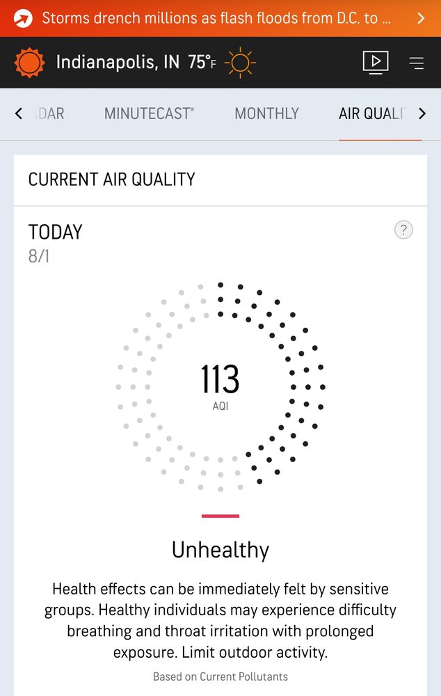 Indianapolis has an AQI of 113 - Unhealthy