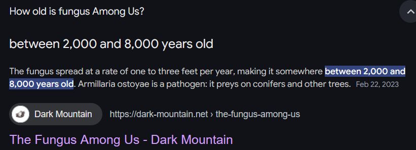 Screenshot of Google that says:

People also ask
How old is fungus Among Us?
between 2,000 and 8,000 years old
The fungus spread at a rate of one to three feet per year, making it somewhere between 2,000 and 8,000 years old. Armillaria ostoyae is a pathogen: it preys on conifers and other trees.

The Fungus Among Us - Dark Mountain
Dark Mountain
https://dark-mountain.net › the-fungus-among-us