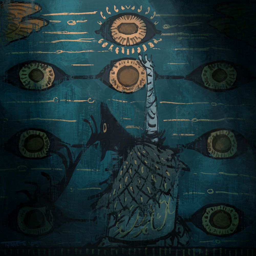 Envy Spiral - digital drawing of a stone-carved mural, of a person with a deer head, representing the Drifter, reaching up toward something. in the background, there are eyes surrounding her, with golden irises