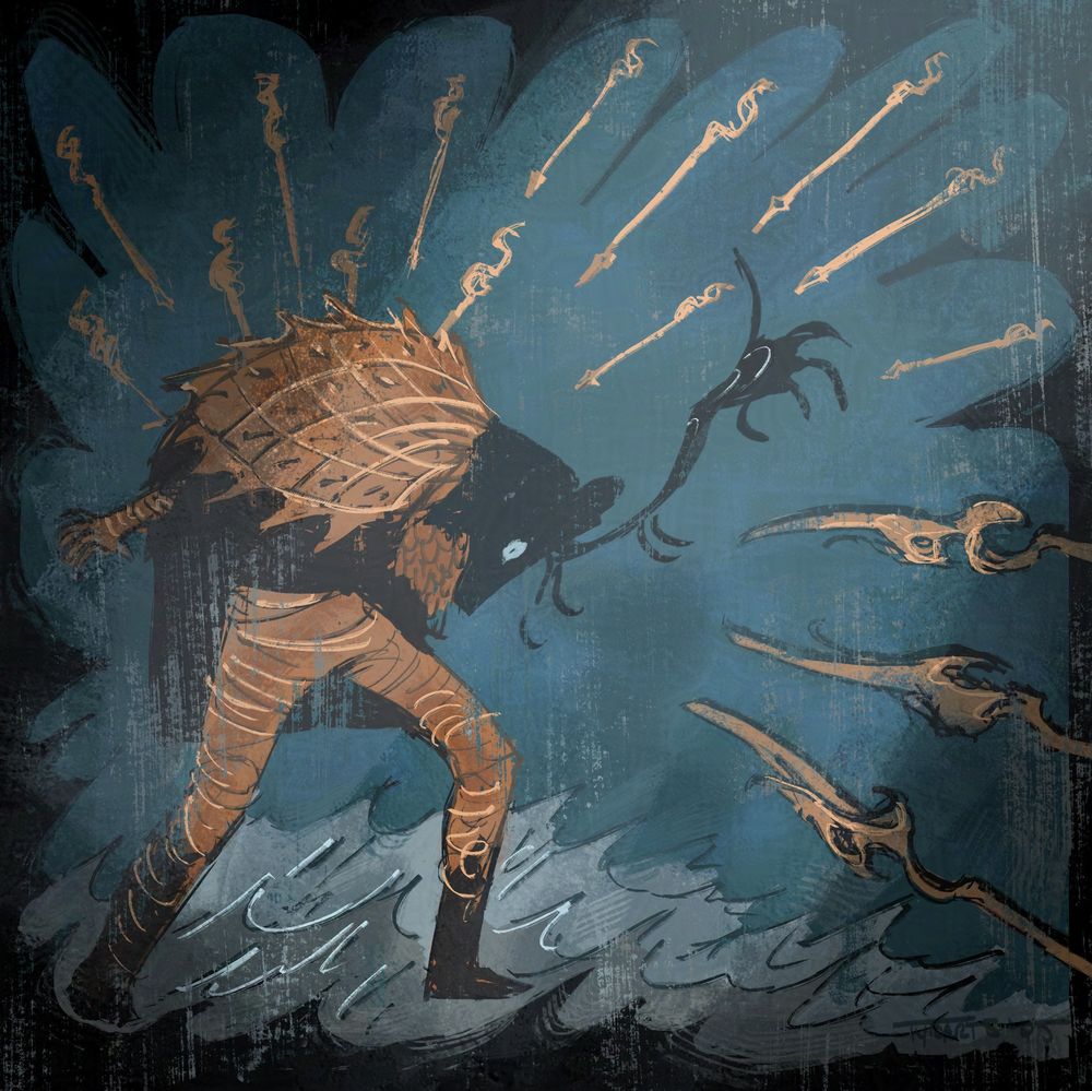 Fear Spiral - digital drawing of a stone-carved mural, of a person with a deer head, representing the Drifter, having arrows shot at her and halberds pointed at her