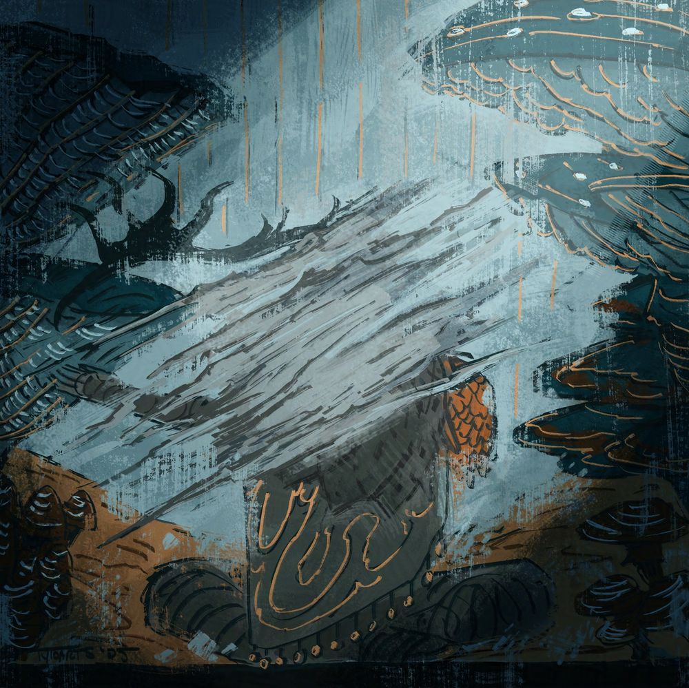Joy Spiral - digital drawing of a stone-carved mural, of a person with a deer head, representing the Drifter. surrounding her are fungi lined with gold accents, and above her in the sky are gold light pillars. her head was damaged on purpose, obscuring the center of the mural