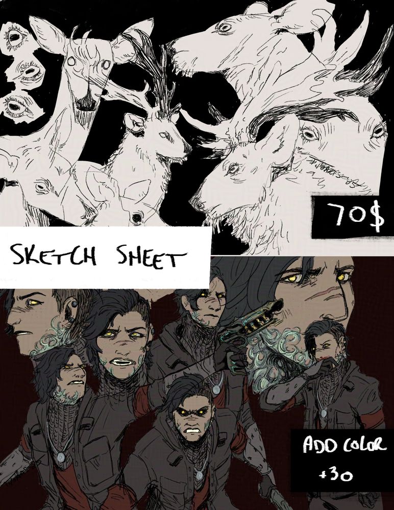 Sketch sheet commission info:
Flat rate, no color w/ background filler: 70$
Add Color + 30$