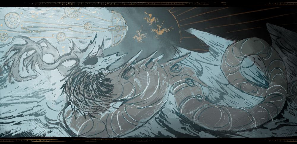digital painting of a stone-carved mural depicting my drifter as an orowyrm being attacked by three Dax soldiers on horseback. there are gold accents in the shape of the zariman and planets in the background, as well as venus-like rock formations
