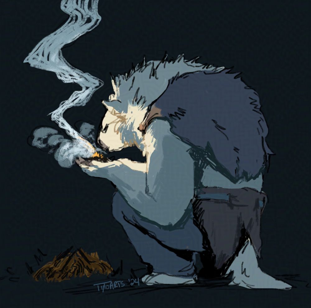 stone-age era woolly alien creature with white fur kneeling by a pile of sticks while blowing on some ignited kindle