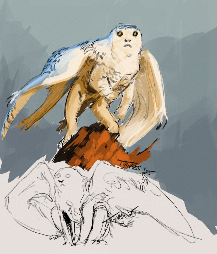two models of a polar volan, a snowy-owl like alien, standing on a broken tree trunk, colored, standing in golden-hour sunlight
below is a similar figure, uncolored, but sitting