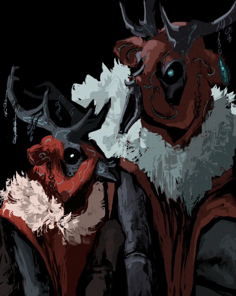 two side by side paintings of my warframe Drifter, Minna, in her duviri outfit which is a deer skull hood with antlers and white fur