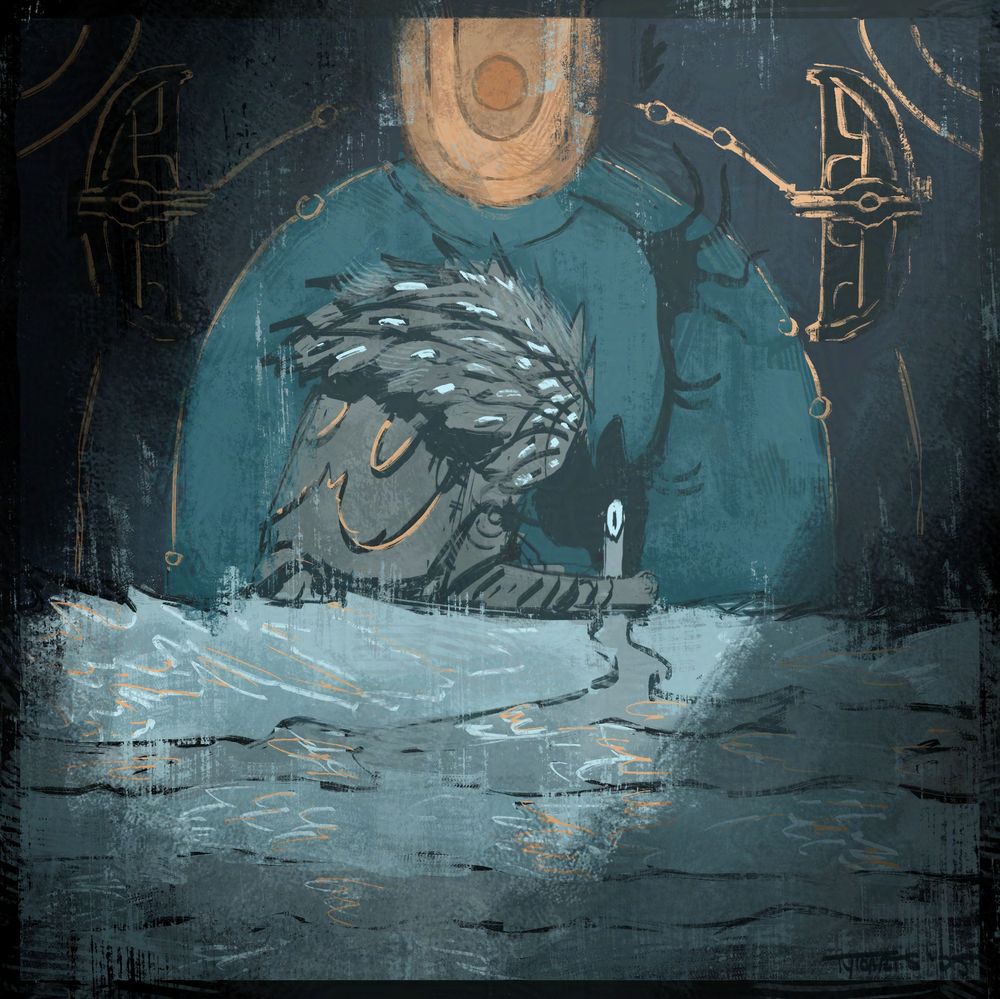 Sorrow Spiral - digital drawing of a stone-carved mural, of a person with a deer head, representing the Drifter, kneeling down, face to the ground weeping. her tears are flooding half the space, with the zariman on both sides, and a duviri-style "sun" looming above her