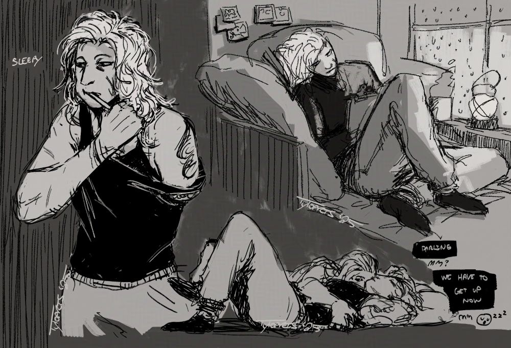 three bundled sketches of Drifter Minna
- brushing her teeth in the morning, before she gets her braids done
- chilling by the window with a book and coffee
- Eleanor attempting to wake her up, unsuccessfully:
Eleanor: darling
Minna: mm?
Eleanor: We have to get up now
Minna: mm... (sketch of a sleeping emoji)