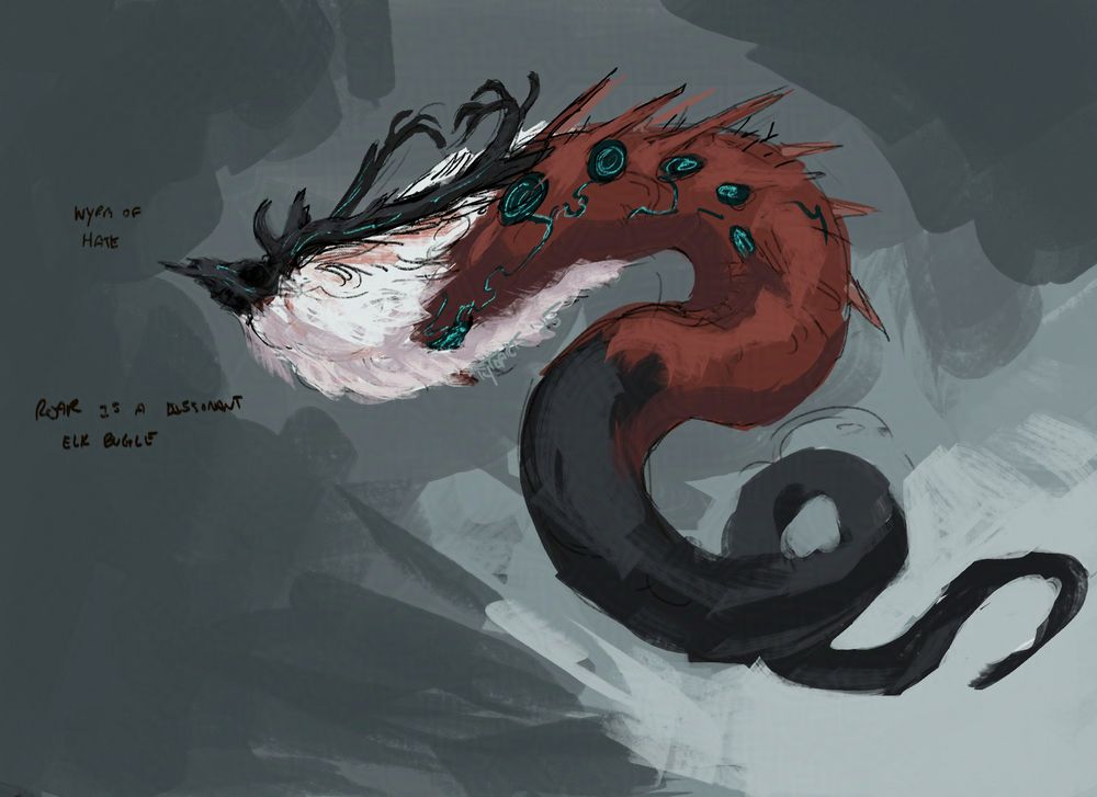 full body painting of Minna as a wyrm, also among some dark clouds
text reads:
"Wyrm of Hate"
"Roar is a dissonant elk bugle"