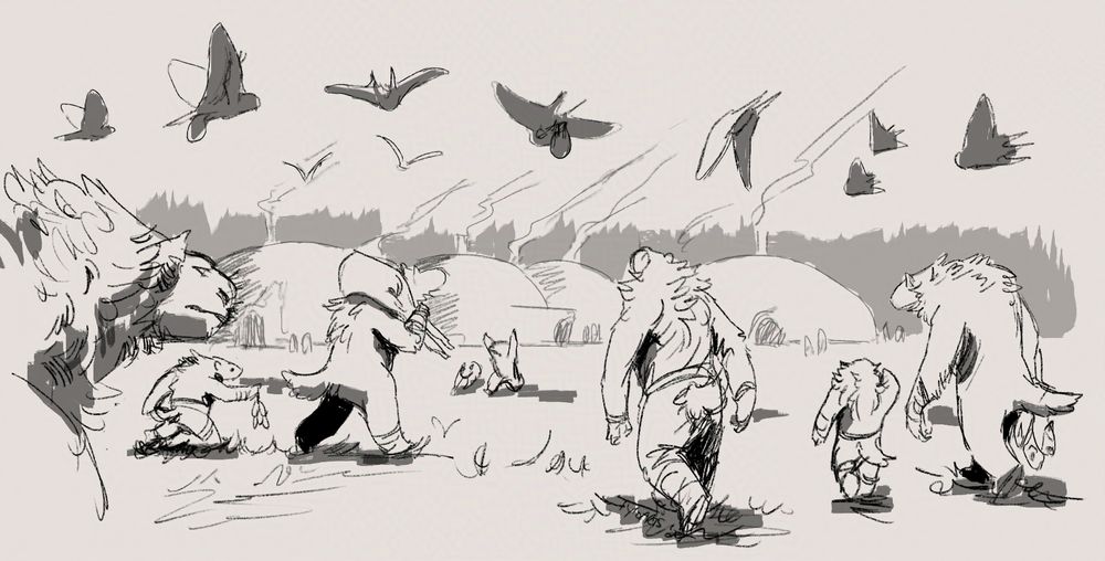 depiction of a flock of polar volans returning home with a group of woolly averos from a hunting/gathering trip
