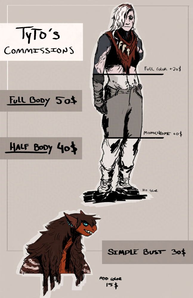 Character Commission Sheet info:
Full Body: 50$
Half Body: 40$
Add color + 20$
---
Simple Bust: 30$
Add color + 15