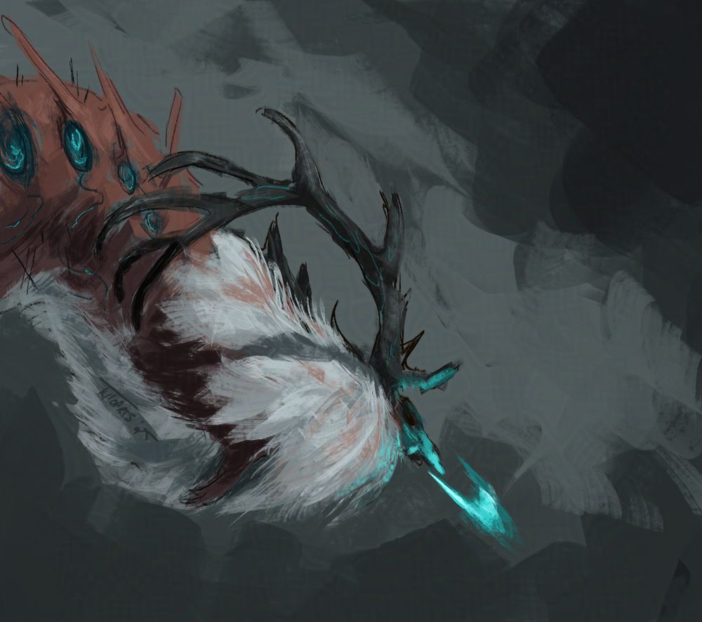 painting of Drifter Minna as an orowyrm, puffing blue fire. she has antlers and a big white mane with light red accents. in the background are some dark clouds