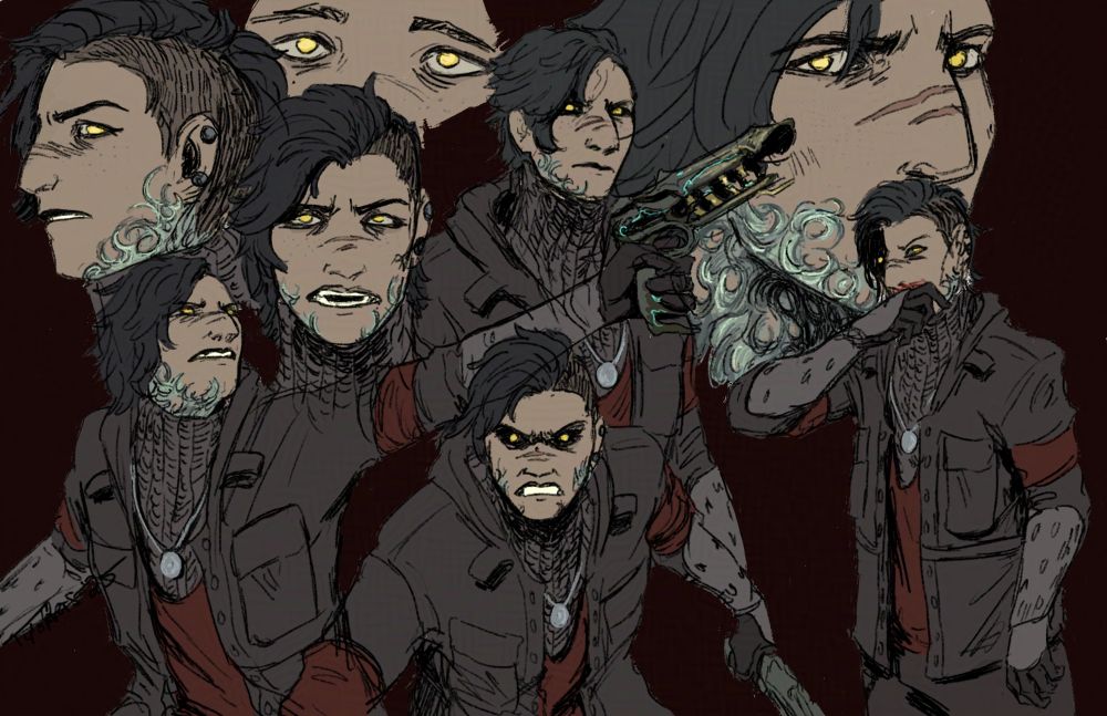 Colored sketchpage of a Warframe Drifter. Four half-body poses, three busts, and a close-up of his eyes.
