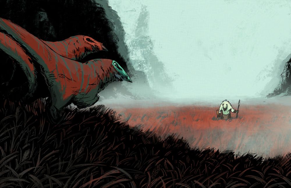 A stone age alien and a child he's looking after being pursued by alien raptors in a red-grassy canyon filled with fog.