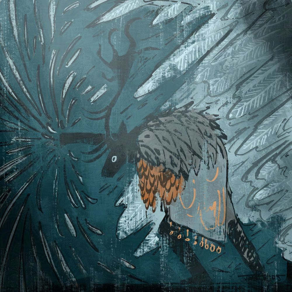 Anger Spiral - digital drawing of a stone-carved mural, of a person with a deer head, representing the Drifter, punching a wall releasing white particles, with a stylized blizzard behind her. the anger isn't flame, but cold fury