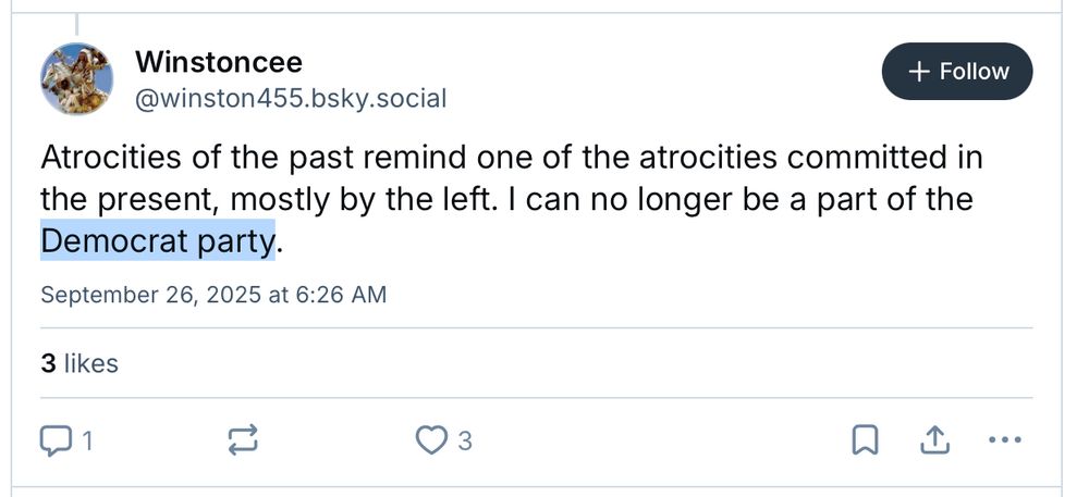MAGA troll Winstoncee (@winston455.bsky.social) falsely claims that they once were a Democrat by unironically using the slur "Democrat Party". See the linked article for more information about the history of the slur.