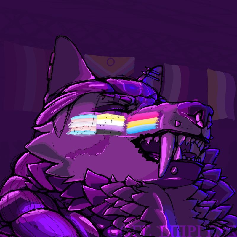 Headshot of my oc, the Empress, at a nightclub singing along to the band. Trans, NB, and Pan flags painted on her cheek with Lesbian, Progress, Ace, and NB flags hanging in the background.